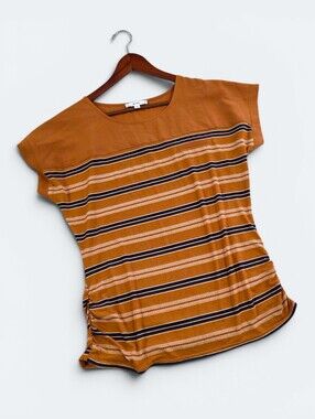MINE Striped Knit Top NWT Camel Brown Colorblock Ruched Side Tee Size Large (L)